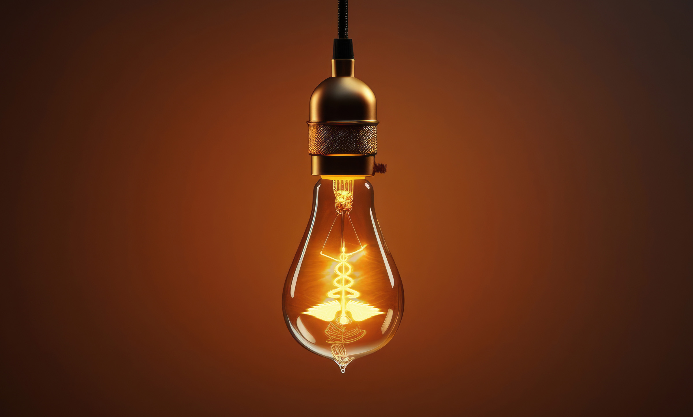 A lightbulb with internal wires in the shape of the HIPAA emblem shines an orange-red light on a black background.