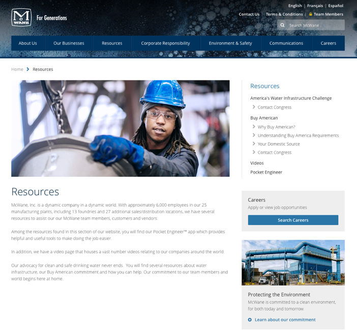 mcwane Screenshot of the McWane Resources page. There is a picture of a worker and a couple paragraphs about Resources.