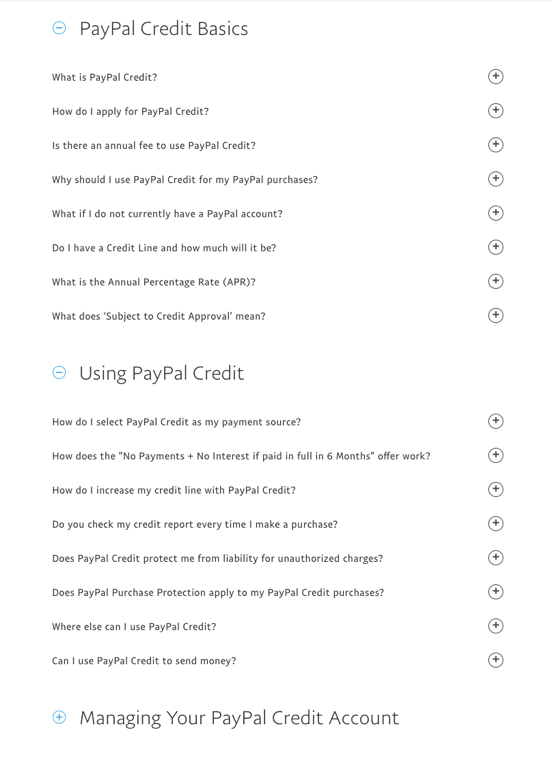Screenshot of a FAQ with headings separating different topics and questions. The headings are, 