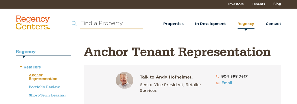 regency Screenshot of the Regency Centers Anchor Tenant Representation page. It shows a small headshot of the Senior Vice President of Retailer Services, with his phone number and email.