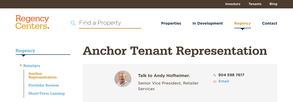 Screenshot of the Regency Centers Anchor Tenant Representation page. It shows a small headshot of the Senior Vice President of Retailer Services, with his phone number and email. 