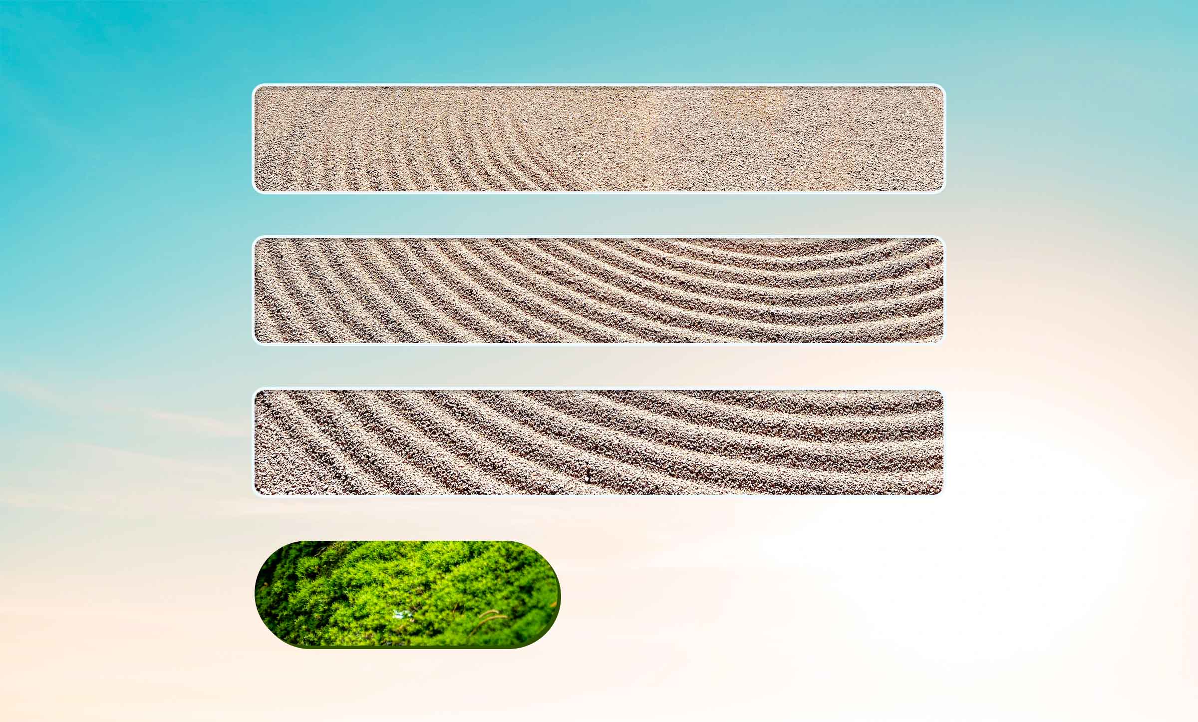 An abstract representation of 3 form fields and a submit button on a blue sky background. The fields are illustrated with 3 narrow images of a zen sand garden, and the submit button is filled with greenery.