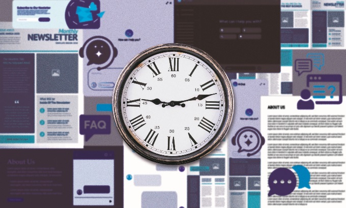 A clock face centered over a collage of things that annoy people online: long About content, newsletters, chatbots, and FAQs