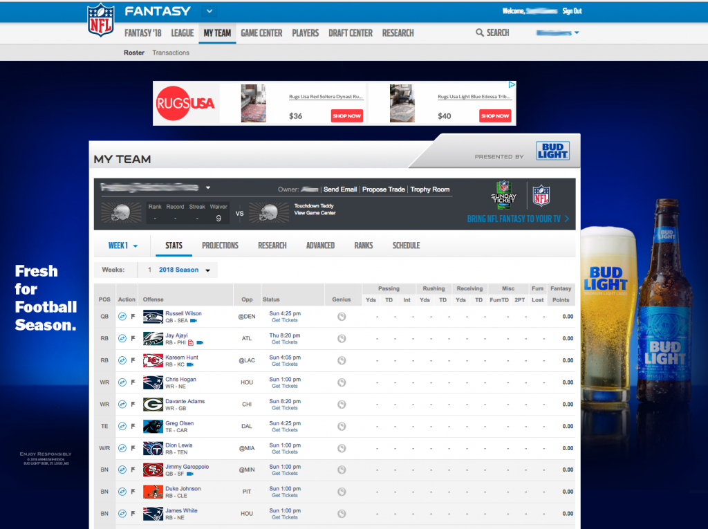 The NFL Fantasy Football My Team page. The page has ads in the margins. In the middle is the Stats screen, showing a table of players and their stats. 