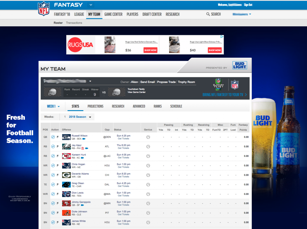 trade-player-nfl-1-1024x765 The NFL Fantasy Football My Team page. The page has ads in the margins. In the middle is the Stats screen, showing a table of players and their stats.