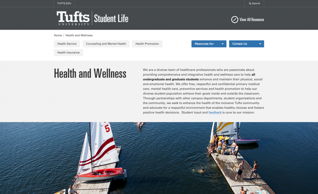 The Tufts University Student Life page. There is a large banner image of boats on a lake. Above the image is a paragraph about student health and wellness.