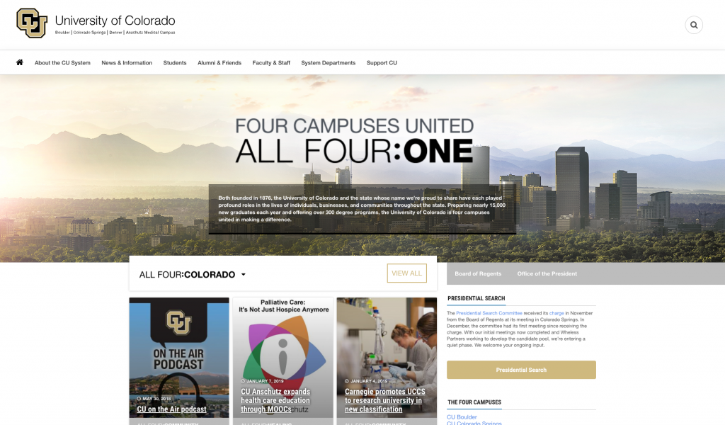The University of Colorado home page. There is a large banner image that says, Four Campuses United All Four: One.