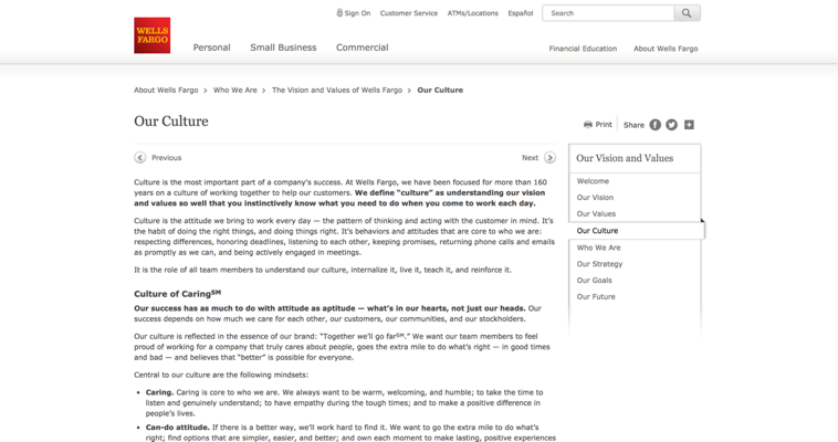 wellsfargo Screenshot of the Wells Fargo Our Culture page. There is a wall of text explaining their culture.