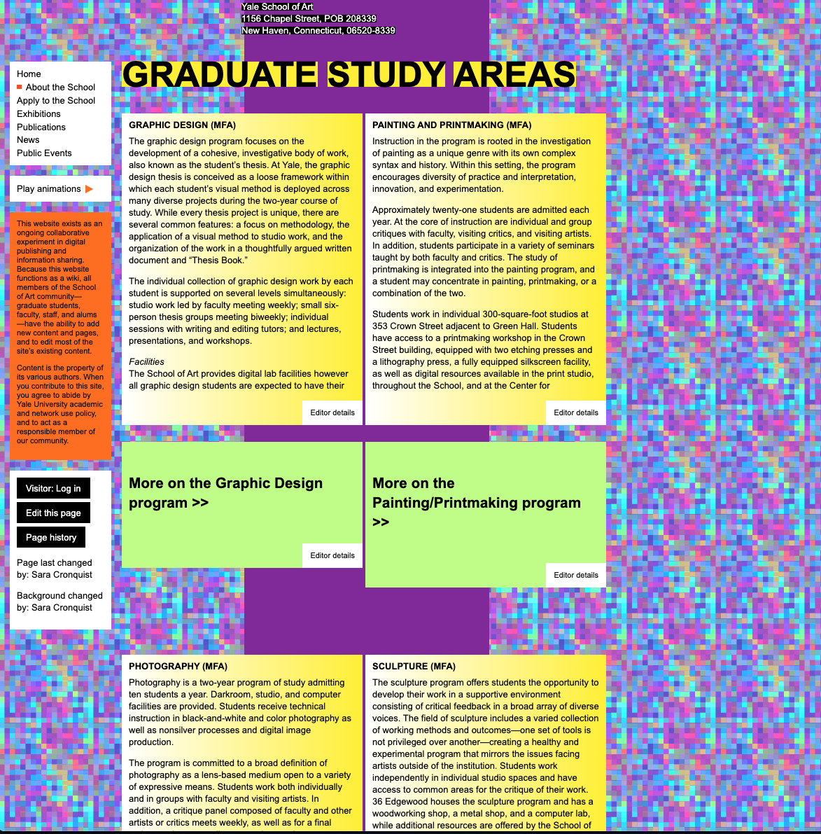 The Graduate Study Areas page from the Yale School of Art website. The background is an image of purple and blue pixels. Paragraphs of content are on yellow squares with black text.