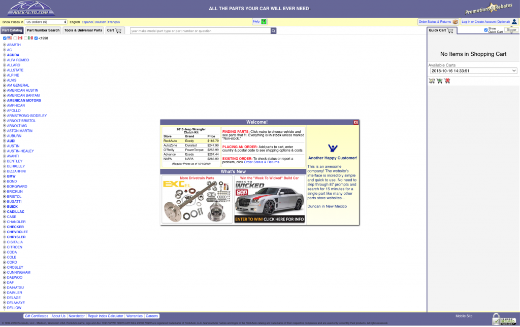 1-1024x645 The Rock Auto Part Catalog. The page is mostly empty, except for the left that has a long list of blue links. In the middle of the page is a square with pictures of a car and parts, along with a small chart that compares prices to other auto part stores.