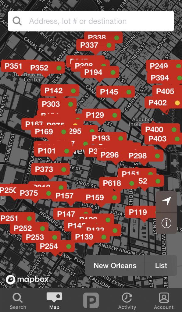 A screenshot of the
  parking app. It has a map of a city with about two dozen or more red icons
  indicating parking spaces. They are all clustered together and
  indistinguishable from one to the other. 