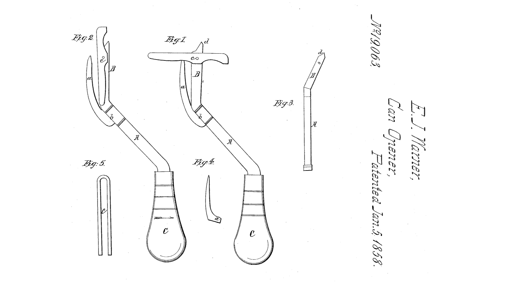 The first can opener design, showing a sharp, curved blade attached to a long arm, as designed by E. J. Warner and patented January 5, 1858.