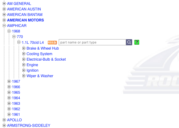 2 A list of expandable blue links. Amphicar is expanded to a list of years, with 1968 selected, then 770, then 1.1L 70cid L4. A search bar is next to this item, reading part name or part type. There are icons for rss feeds, search, and a green help question mark.
