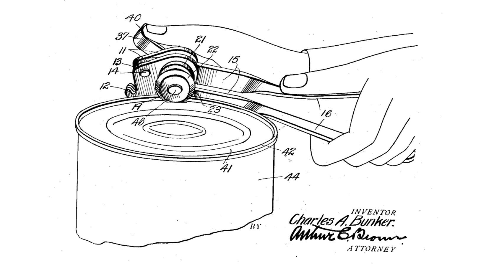 Design for the bunker can opener, showing a hand holding the tool vertically against a can along with with numbered annotations. Invented by Charles A. Bunker and signed by Arthur Brown, his attorney.