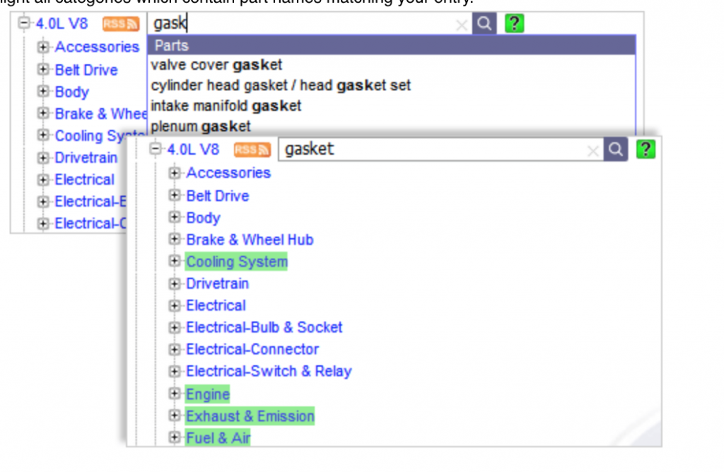 An image of the search bar. The word gasket is typed into the search bar. A drop down opens beneath the search bar with results.