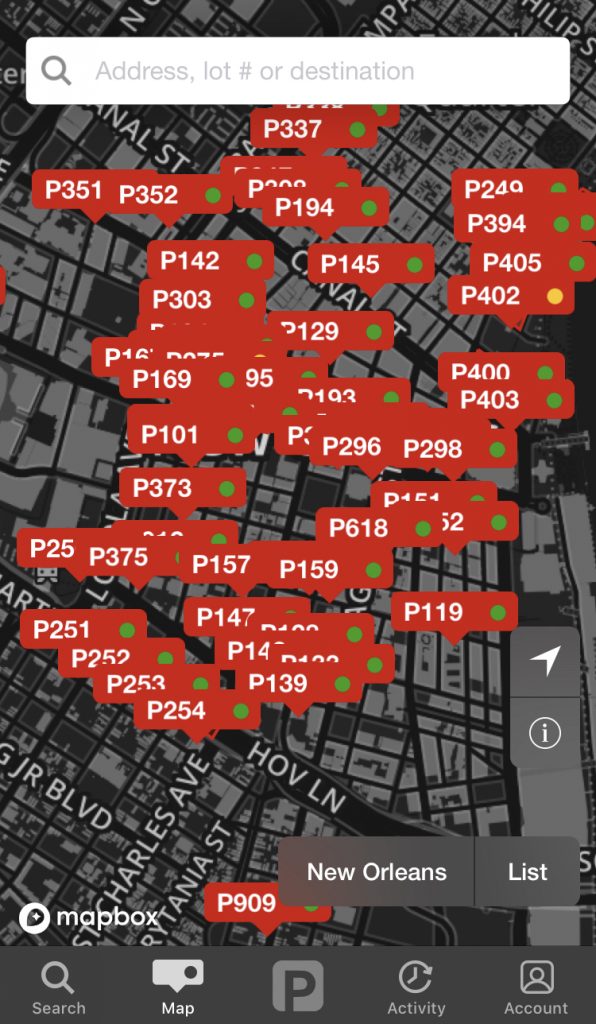 A screenshot of the
  parking app, showing a bunch of red icons on a map, indicating parking spots.
  The red icons over lap one another and are difficult to read or tell apart. 