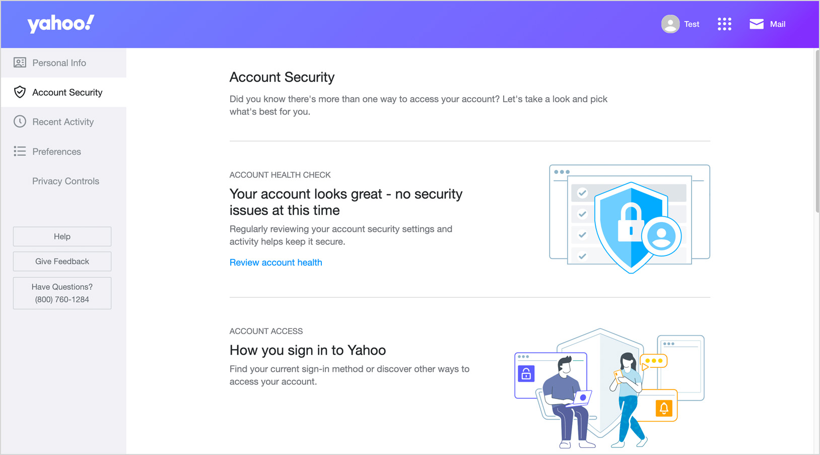 A view of Yahoo's Account Security page. The screen shows information about the security status of your account and information about account access, along with graphics, but no information about deleting your account.