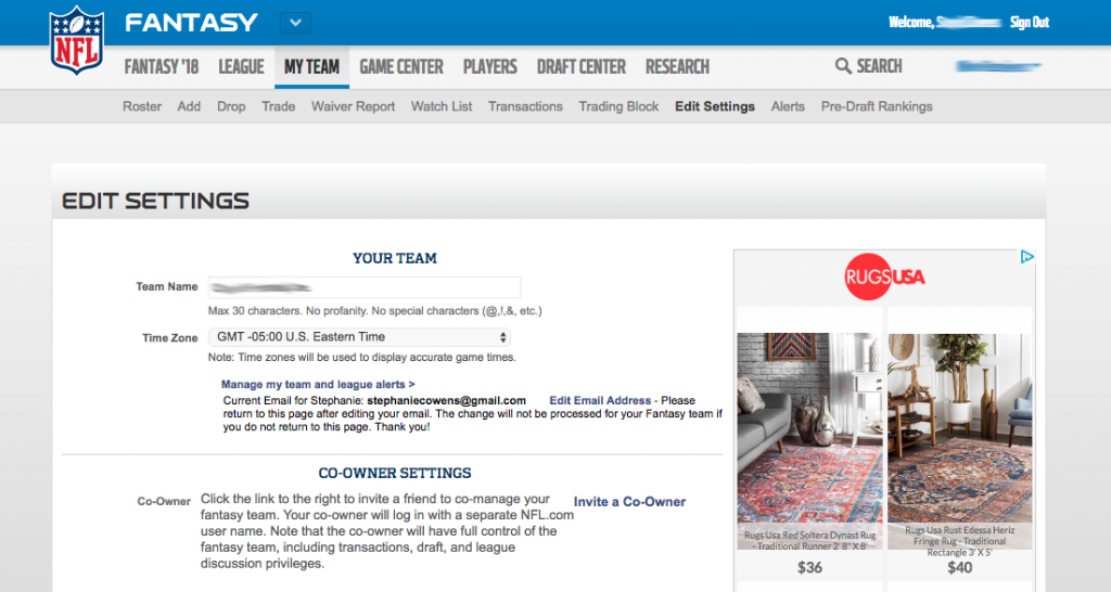 change-name-settings-1024x546 Screenshot of the NFL Fantasy football settings page. It shows places where the user can change the team name and time zone. There is also a place to invite a co-owner to the team. To the right is an ad for a rug company.