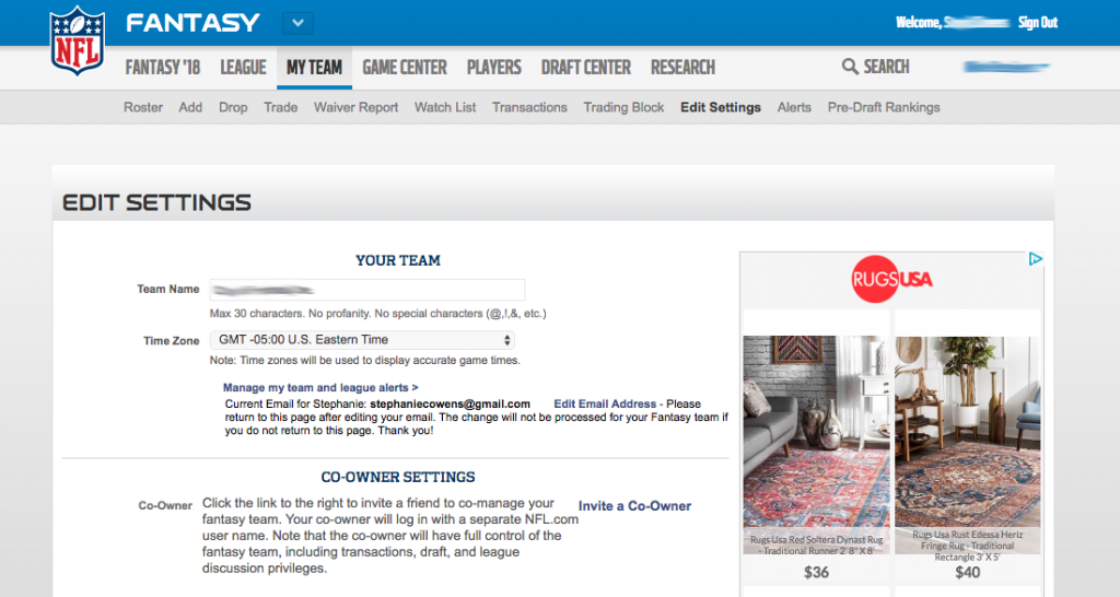 Screenshot of the NFL Fantasy football settings page. It shows places where the user can change the team name and time zone. There is also a place to invite a co-owner to the team. To the right is an ad for a rug company.