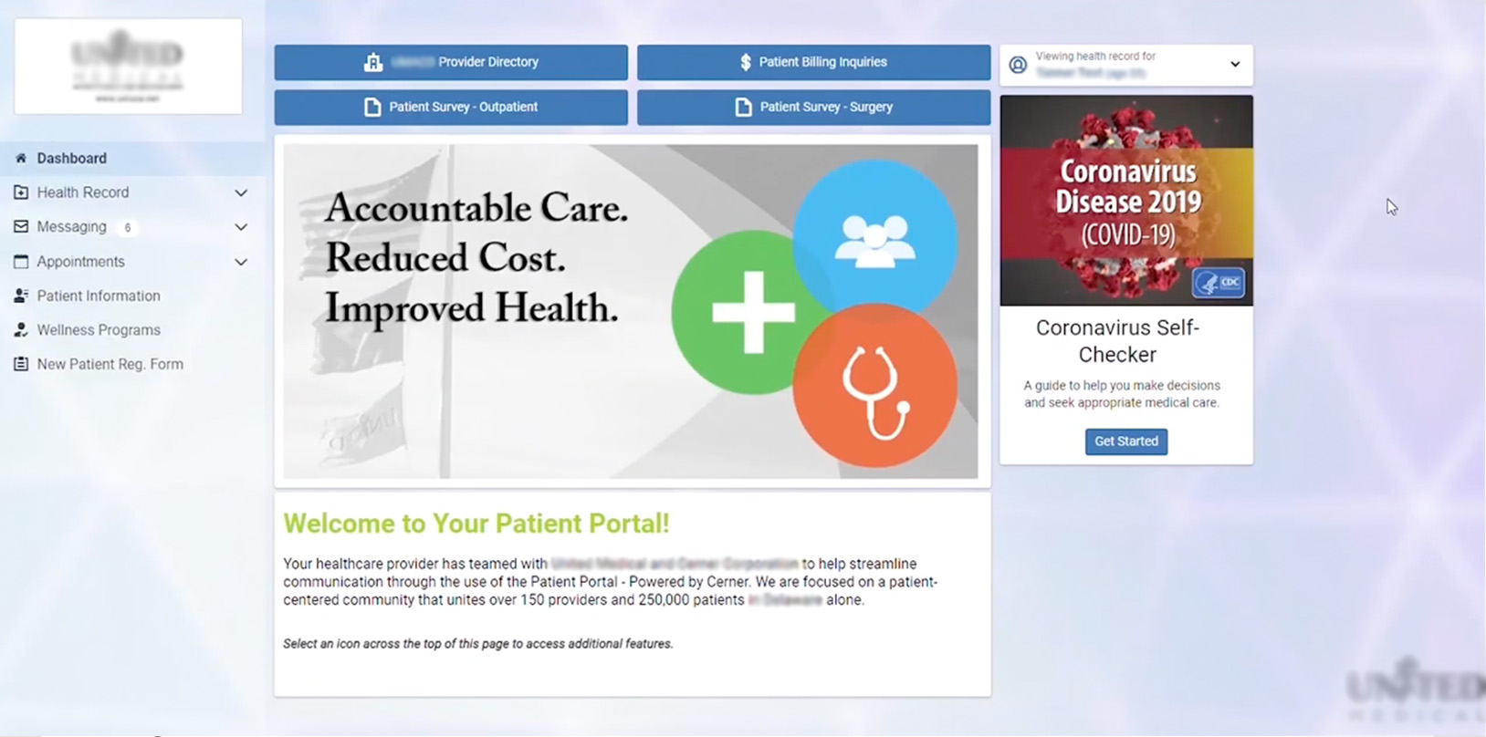 View of a patient portal’s dashboard showing quick links, a large graphic with a slogan, a welcome message, and a coronavirus self-checker.