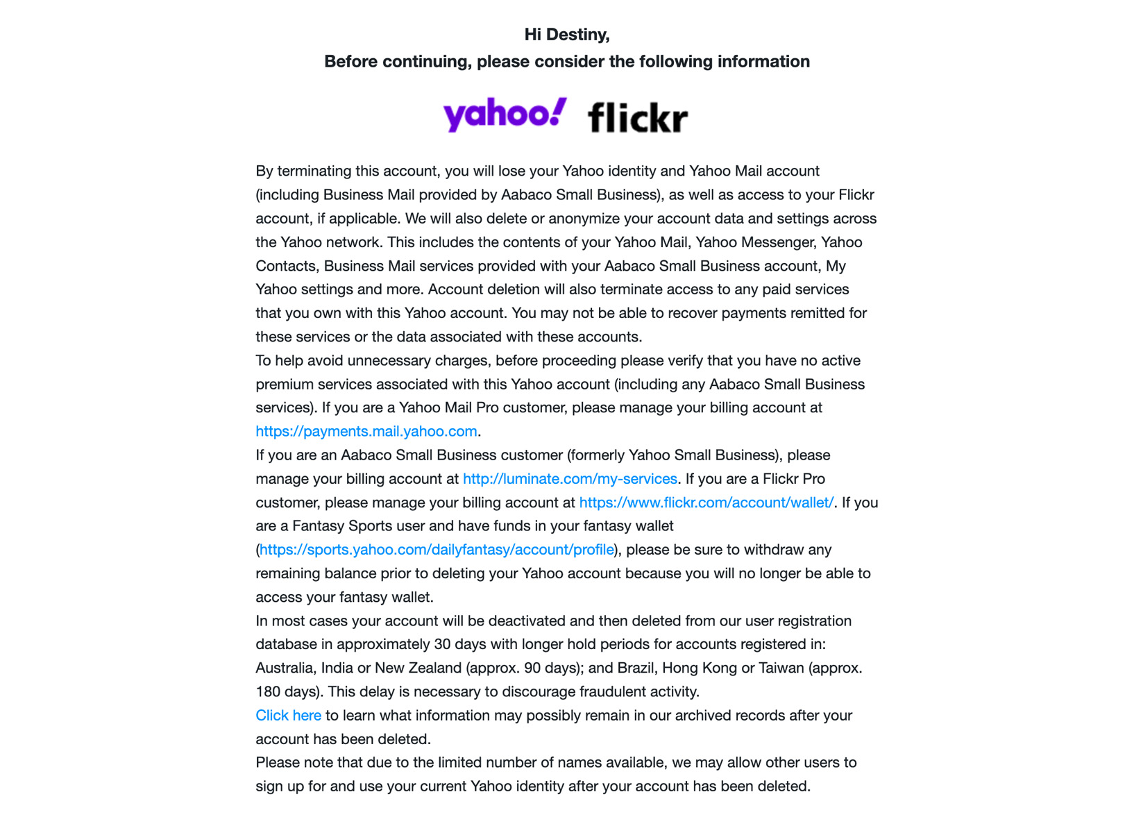 A view of Yahoo's offboarding screen. This screen asks the user to consider the following information and then shows a dense paragraph of legalese with embedded links. 
