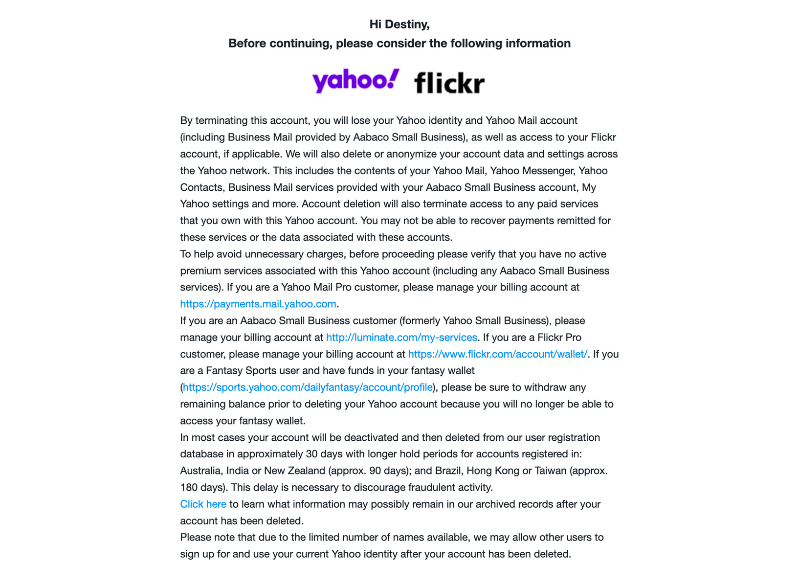 A view of Yahoo's offboarding screen. This screen asks the user to consider the following information and then shows a dense paragraph of legalese with embedded links.
