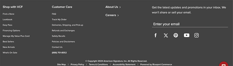 A website footer with a long list of links that buries the organization's phone number.