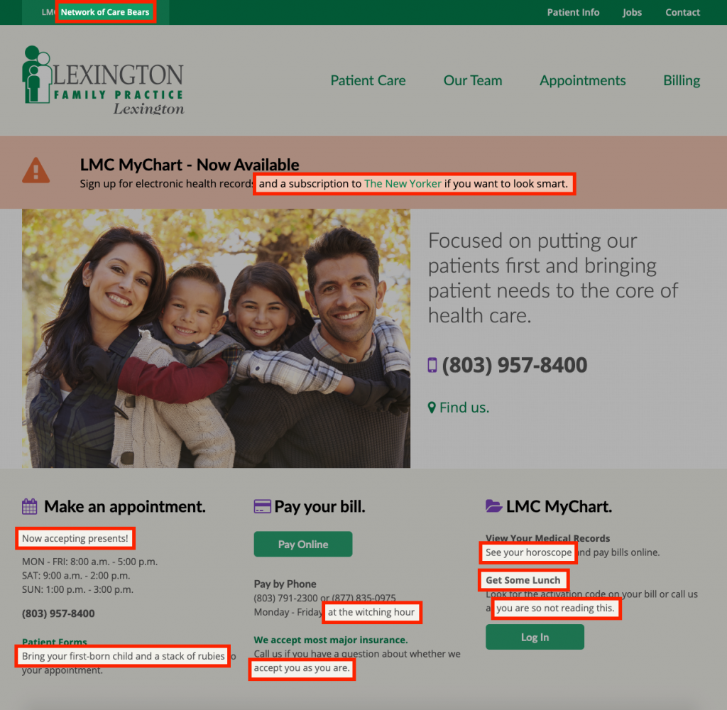 Same screenshot of the homepage as previous, except several words are highlighted to draw your attention to the spoofs and alterations of the expected text. For example, instead of now accepting patients, the text reads now accepting presents.