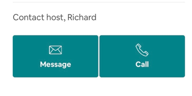 A screenshot that says, Contact host, Richard. There are two options, to send a message or call. 
