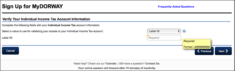 A screen to verify individual tax income. There are two required fields. One of them has a yellow help message that says, Required. Format: L99999999.