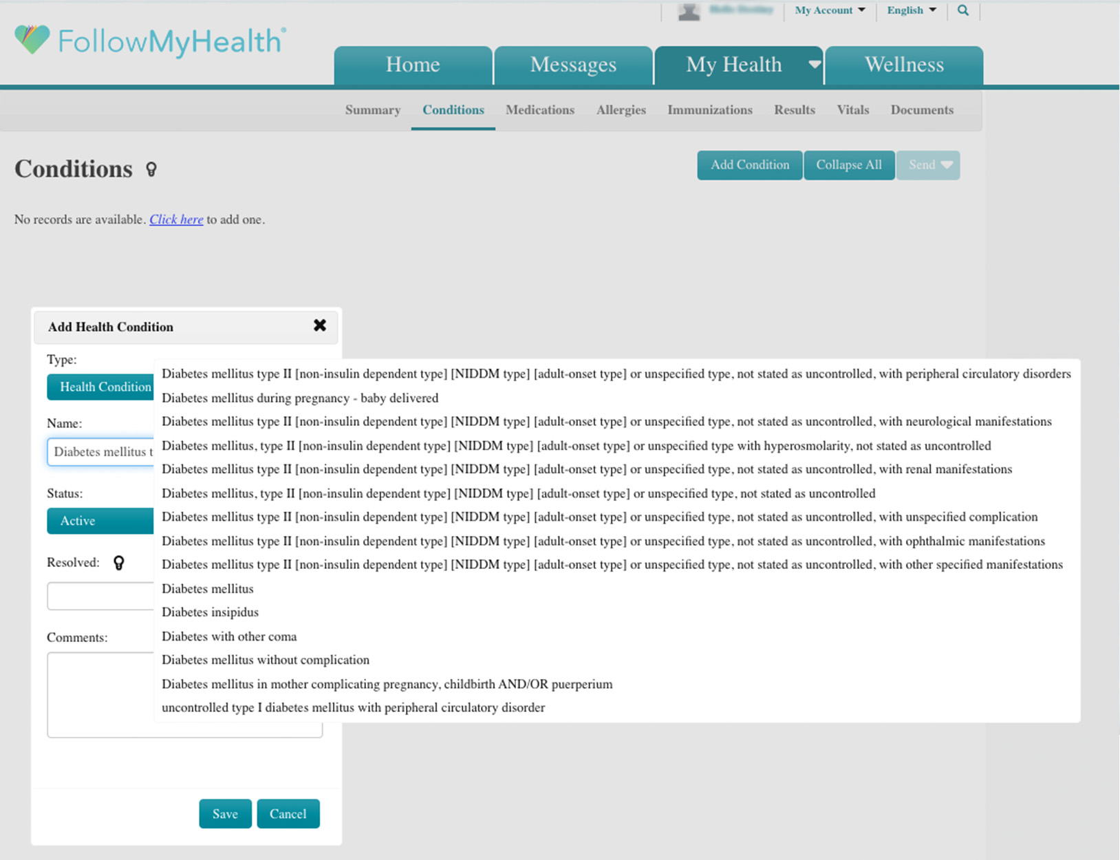 A screen to add new health conditions. The open dropdown extends far to the right, breaking out of the layout of the page.