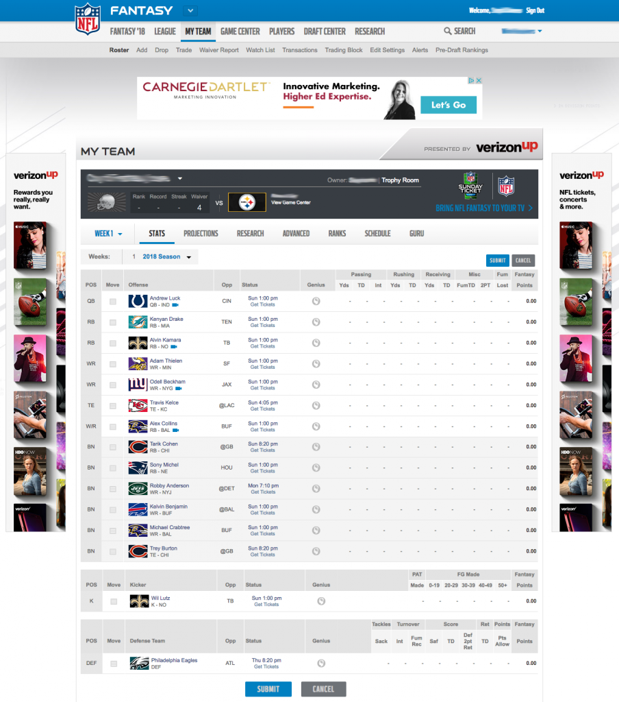 set-team-nfl-904x1024 A screenshot of the NFL Fantasy Football website. On the left and right margins are ads. In the middle is the Stats screen with a table of players and their status.