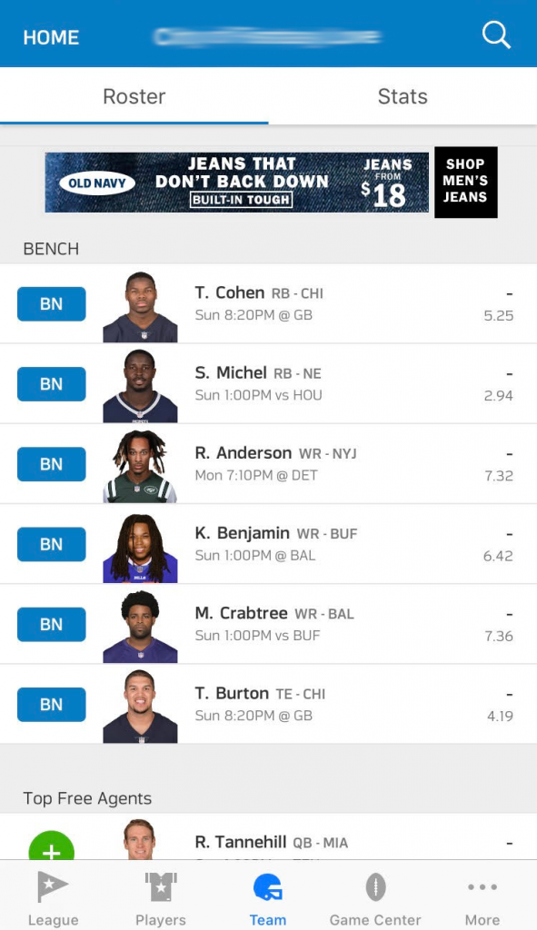 A screenshot of the NFL Fantasy Football app. It shows a roster of different players, each with their status, name, picture, position, and when they are playing. 