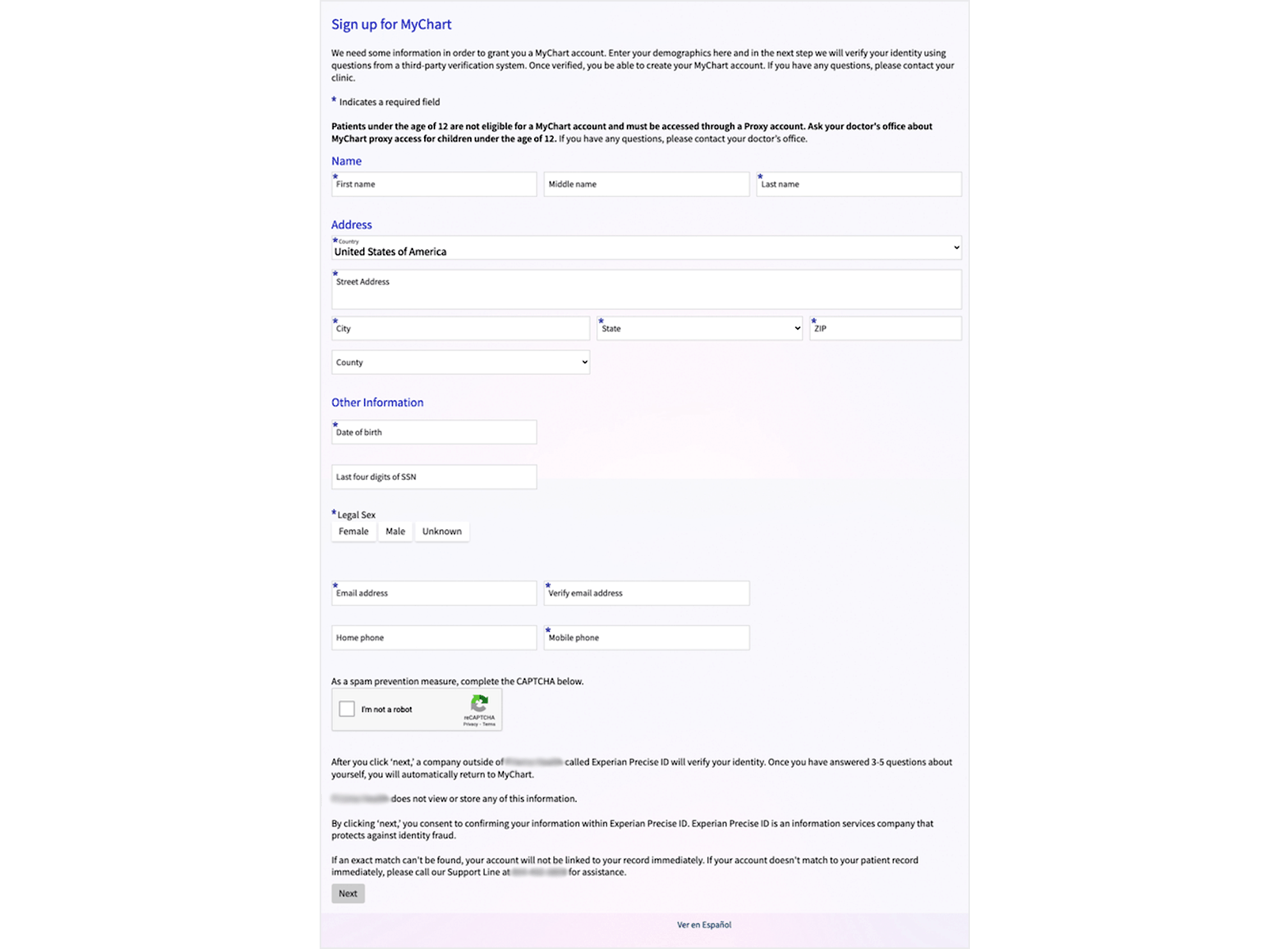 A long sign-up form, with paragraphs of small, text and the top and bottom of the form. There are many fields and the form has three different sections.