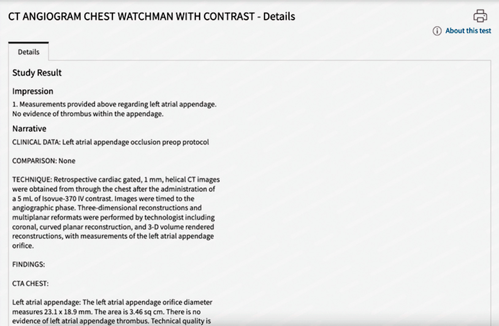 Results from a CT scan. The name of the results is, “CT Angiogram Chest Watchman with Contrast.” There are paragraphs of medical jargon.