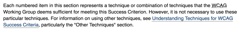 A long paragraph from the WCAG guidelines with a link in blue in the middle of the paragraph that is also underlined. The link is blue and also gives a non-color indication that it is a link in the form of an underline). It passes contrast compliance. 