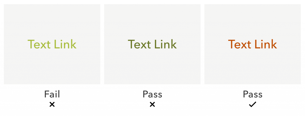 Three examples of link text shown in different colors. The first two fail accessibility contrast guidelines and the last one passes.