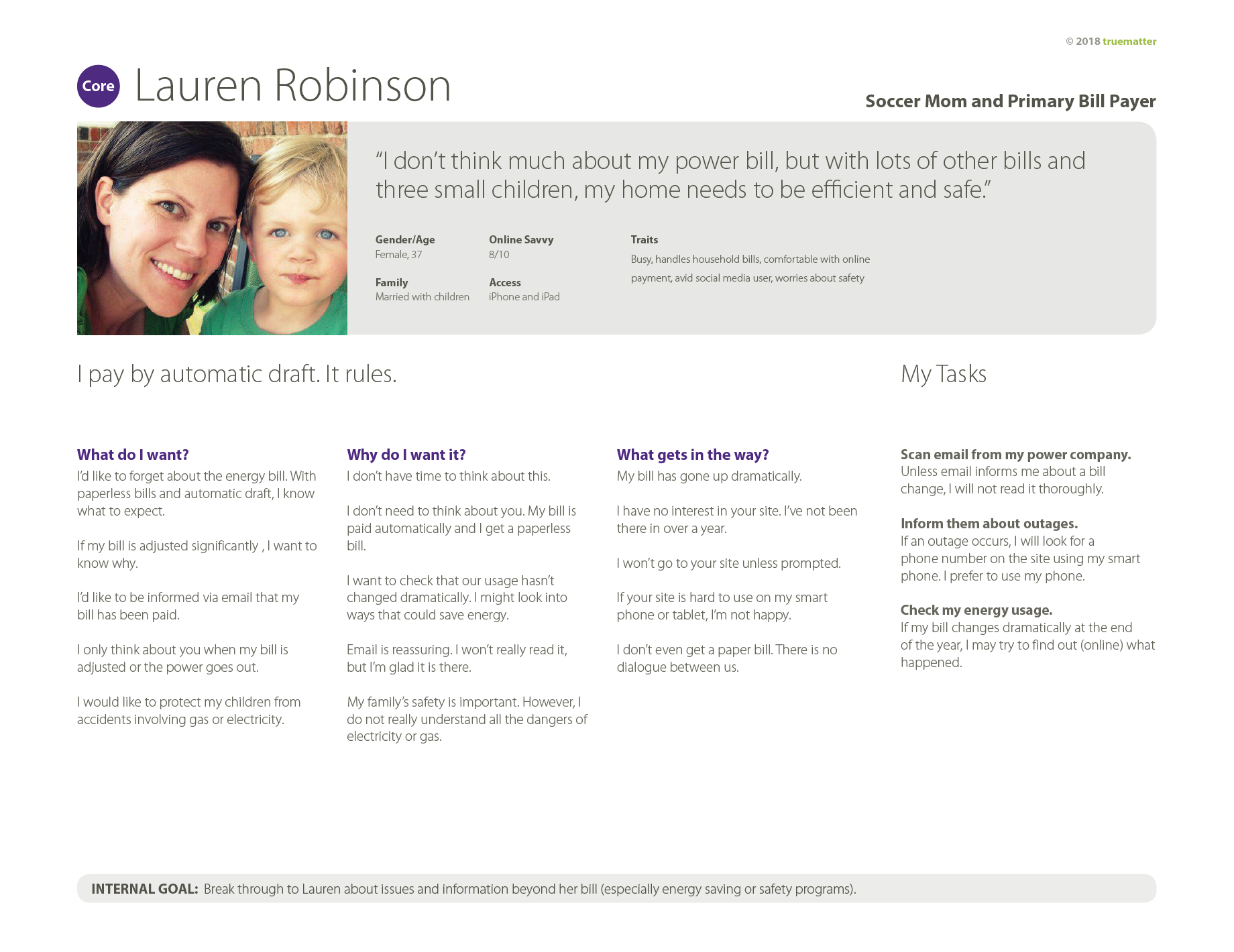 An image of a completed truematter persona sheet. There is a picture of a woman with her son, with her name, 