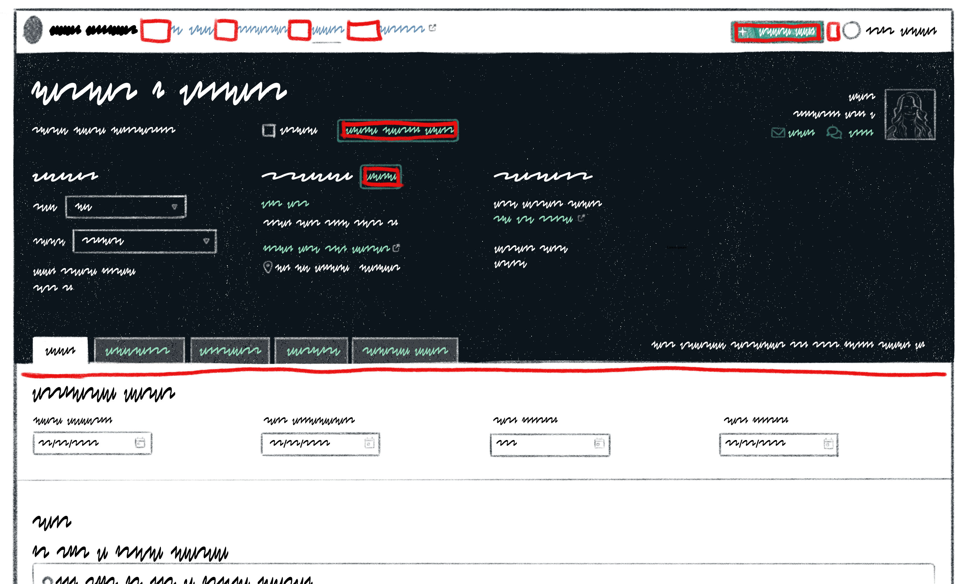 Illustration of a complex app featuring multiple links, fields, and tabs. The space between elements like the main navigation, button text, and major sections are highlighted in red to show where the micro whitespace is.