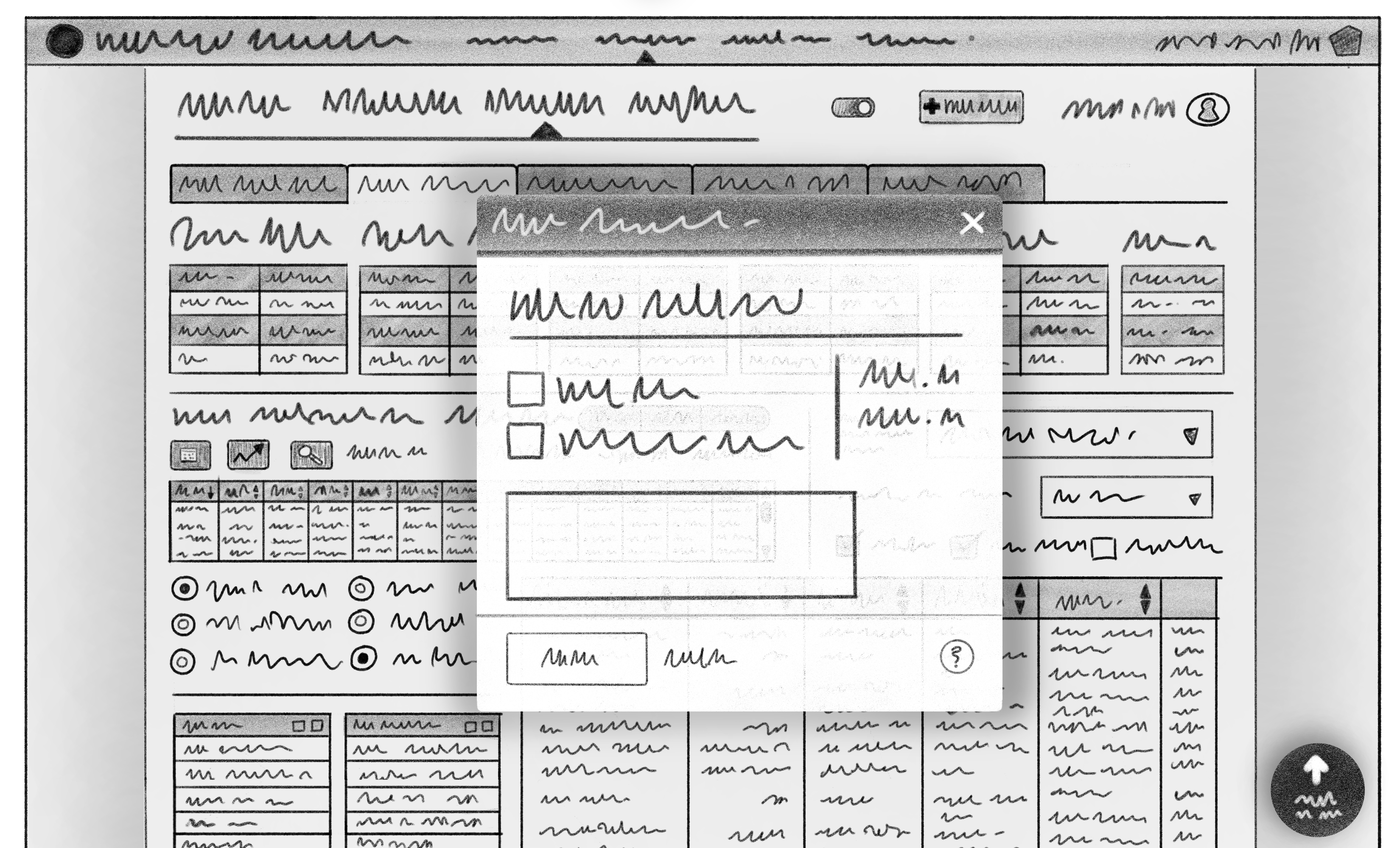 Illustration of a complex user interface with tightly packed and dense data. A pop-up window displays more data and interaction options in the foreground of the illustration.