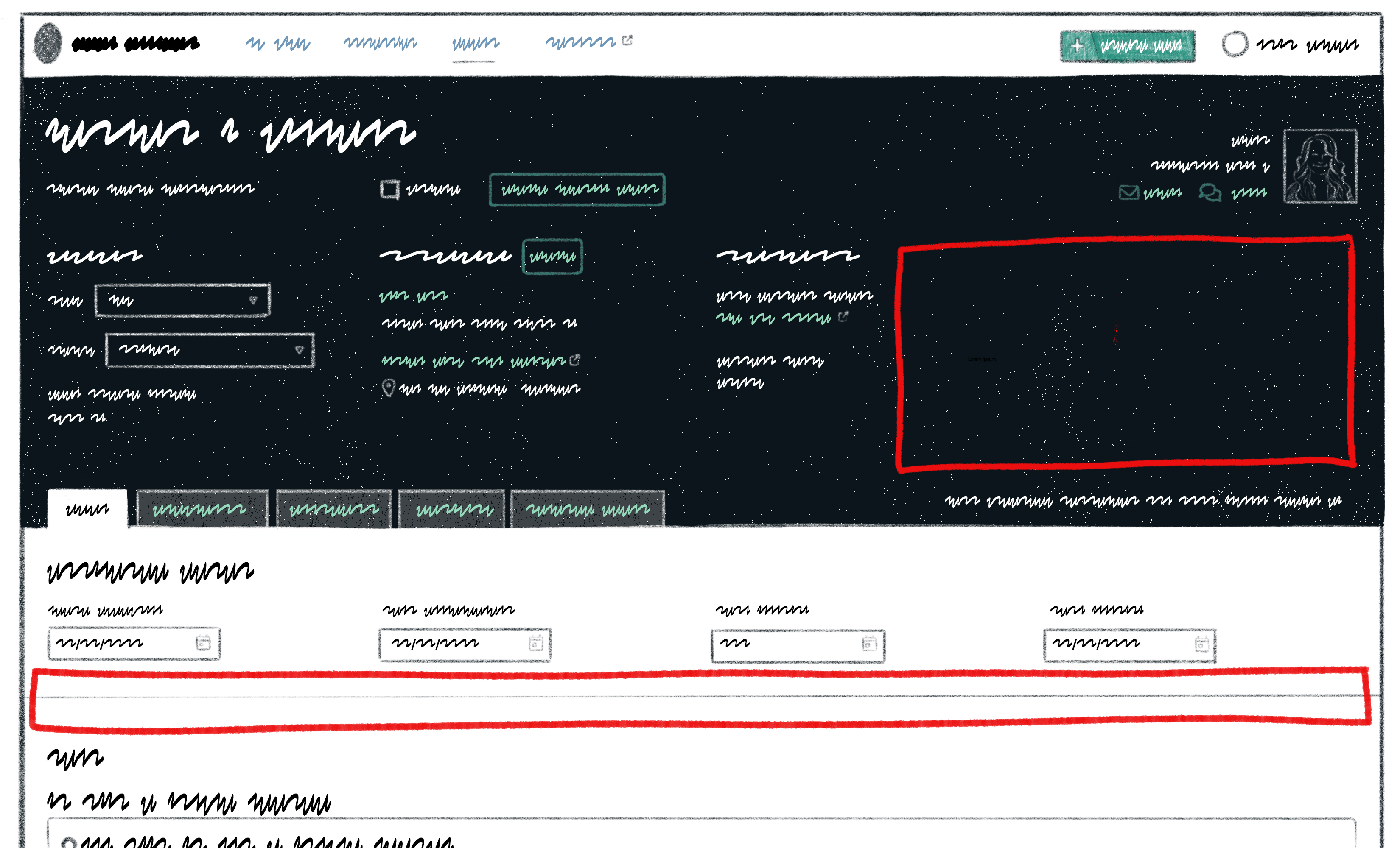 Illustration of a complex app that takes up the entire screen, featuring multiple links, fields, and tabs. A blank space to the right of the content is highlighted in red, as well as an empty space between different sections.