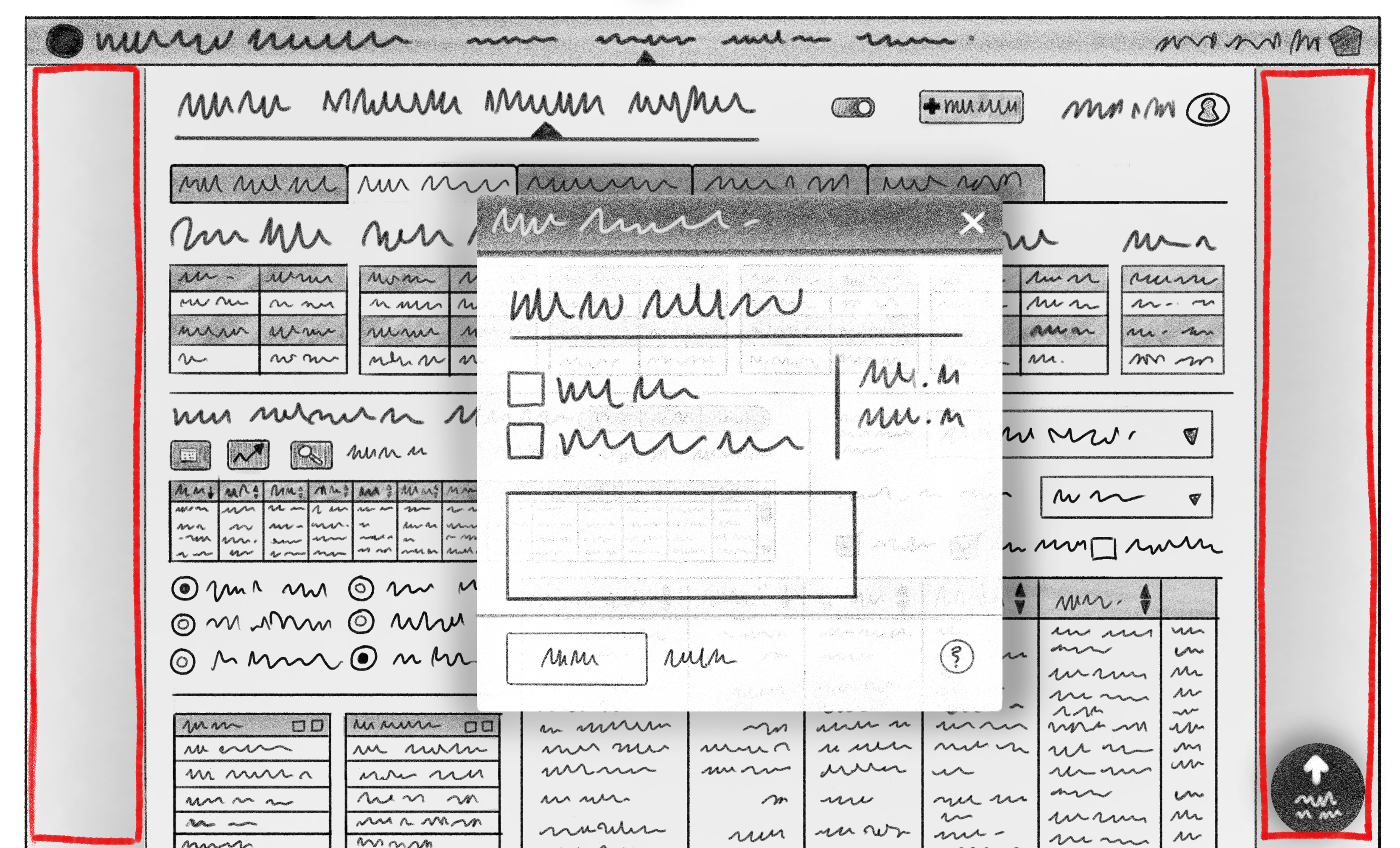 Illustration of a complex user interface with tightly packed and dense data. A pop-up window displays more data and interaction options in the illustration’s foreground. Large space around the edges highlighted in red shows where useless white space is..