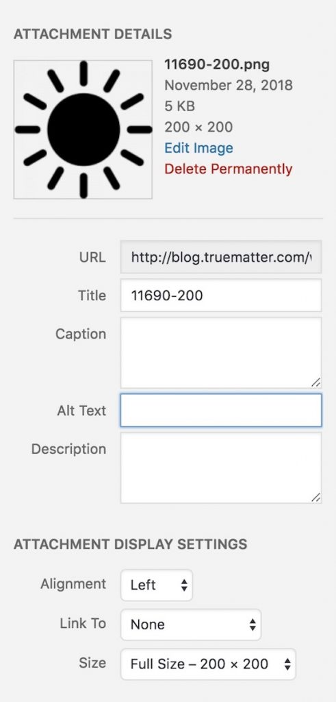 Screen shot of an attachment details screen. The attachment is a sun icon. This screen shows the URL, title, caption, alt text, and description for the image. The alt text input box is highlighted. 