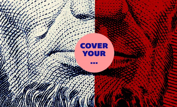 A graphic of a close up of Abraham Lincoln's chin and mouth. The left half is white and the right half is red, with a circle in the middle of his lips that reads, "Cover your..."