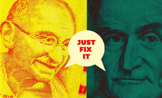 An image split in two, with a yellow Ghandi on the left, and a dark green founding father on the right. In between them is a speech bubble that reads, "Just fix it."