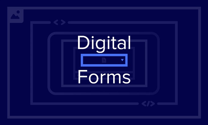 The words "Digital Forms" are on a purple background with smaller purple squares.