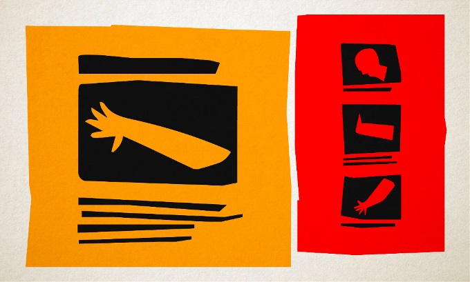 An orange box with a graphic of an arm next to a red box with other body parts.