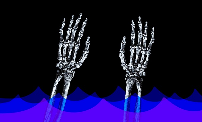 Two skeletal hands reaching out of abstract blue and purple waves against a black background.