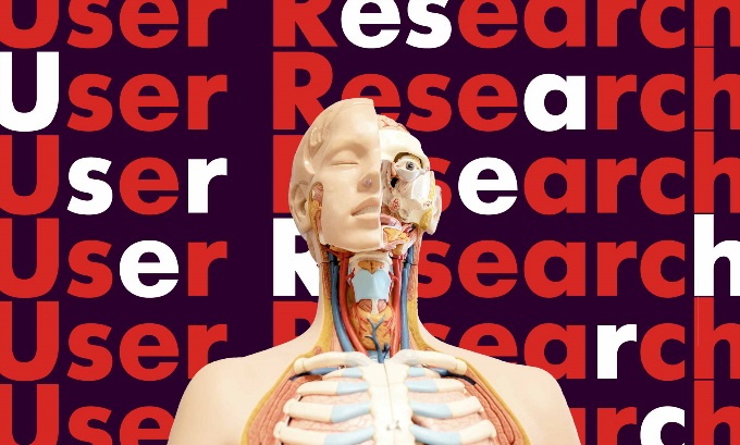 A half skeleton half dummy head and torso with the words user research repeating in red in the background.