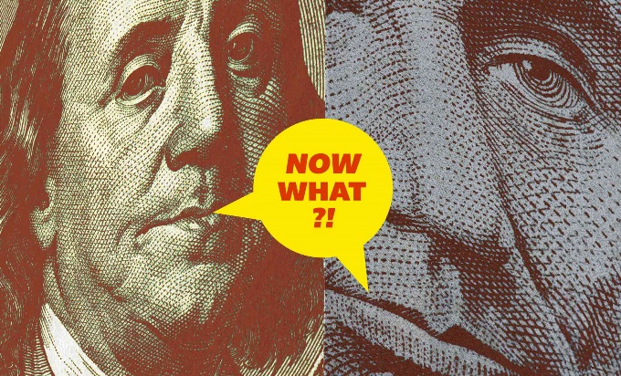 An image split in two, with a close up of Benjamin Franklin on the left and a close up of Abraham Lincoln on the right. In between them is a yellow speech bubble with red writing that reads, "Now what?!"